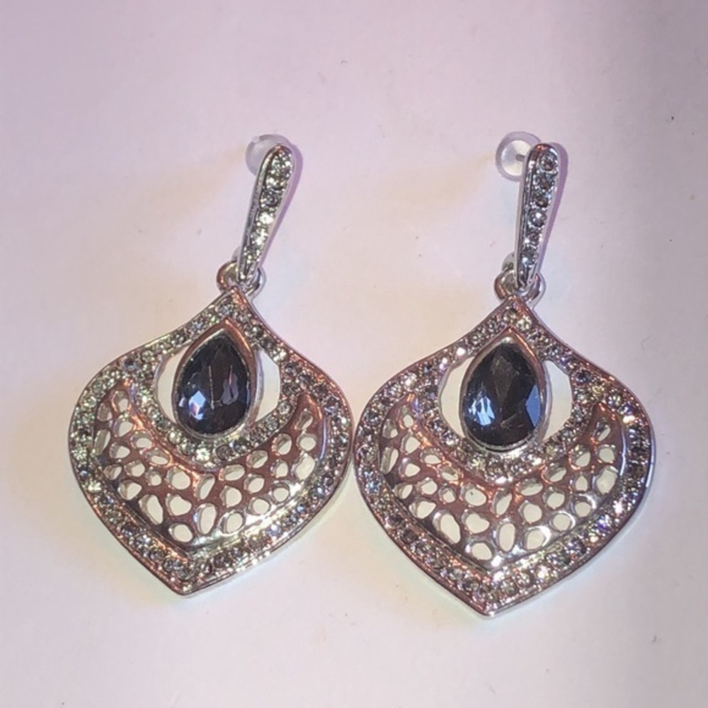 Silver Tone & Smoky Gray CZ Rhinestones Dangling Boho Classic Pierced Earrings